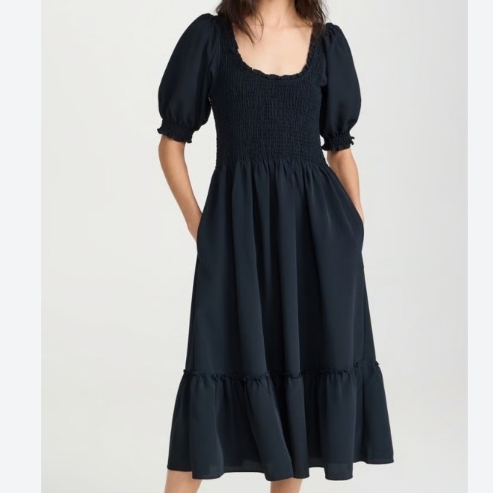 Hill House Black Smocked Midi Dress with Puff Sleeves